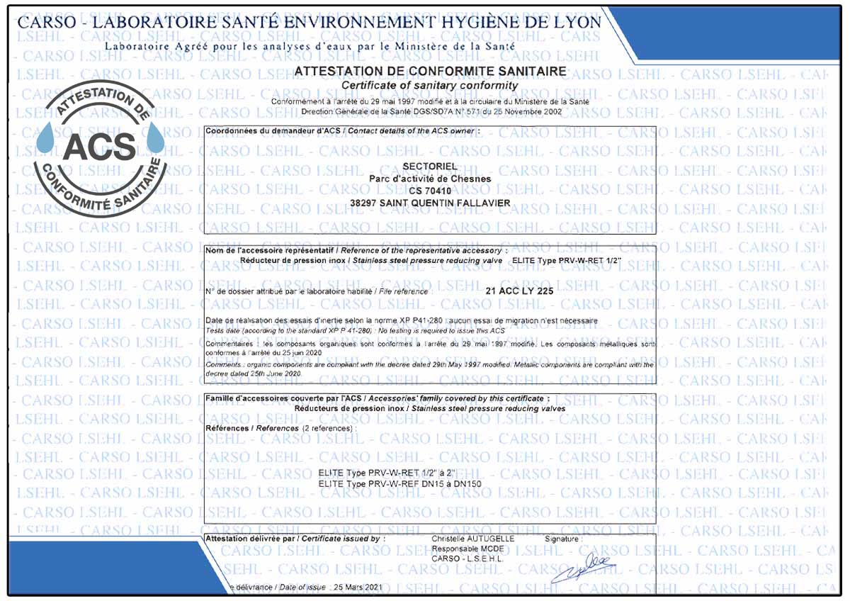 Le valvole riduttrici di pressione ad azione diretta Z-Tide sono conformi alle normative ACS per l’acqua potabile.