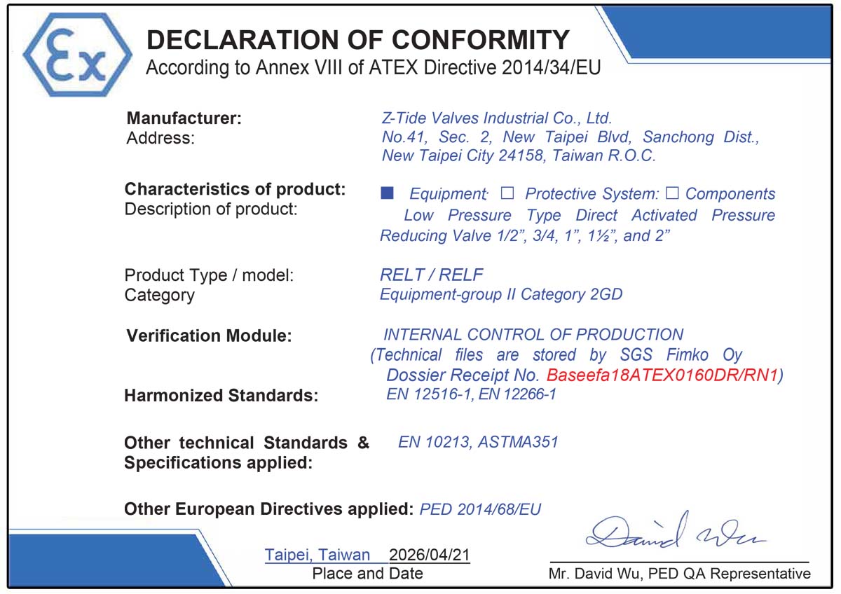 Valvola di riduzione della pressione Z-Tide a bassa pressione certificata ATEX