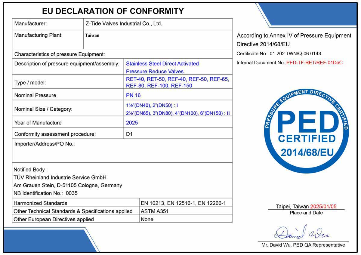 Le valvole riduttrici di pressione a azione diretta Z-Tide sono conformi alla Direttiva sulle attrezzature a pressione