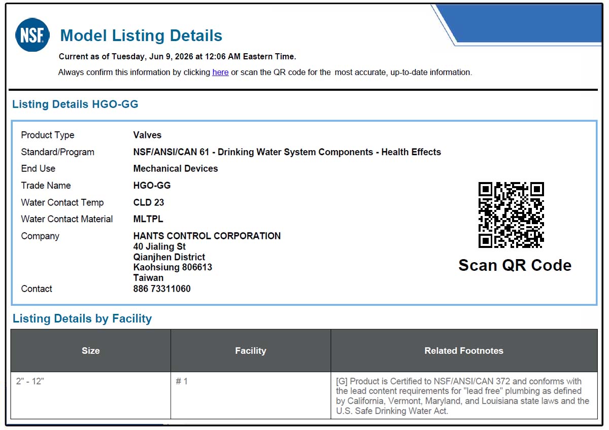 Hants grooved end os&y gate valve certified to NSF/ANSI/CAN 61 health effects certification for drinking water system components.